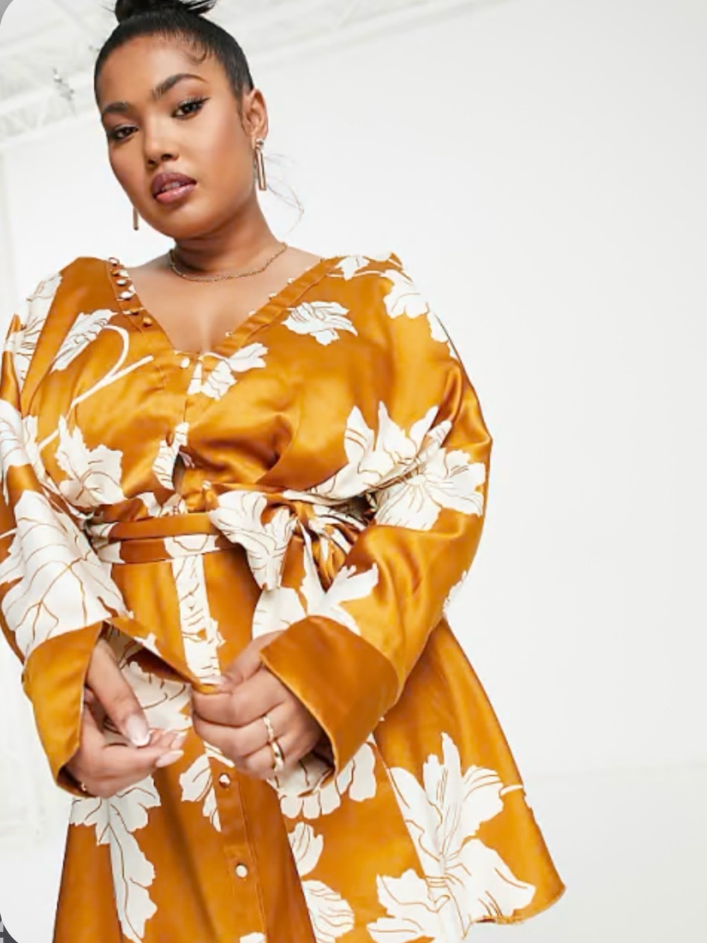 ASOS Curve Satin Floral Kimono Robe in Mustard and White